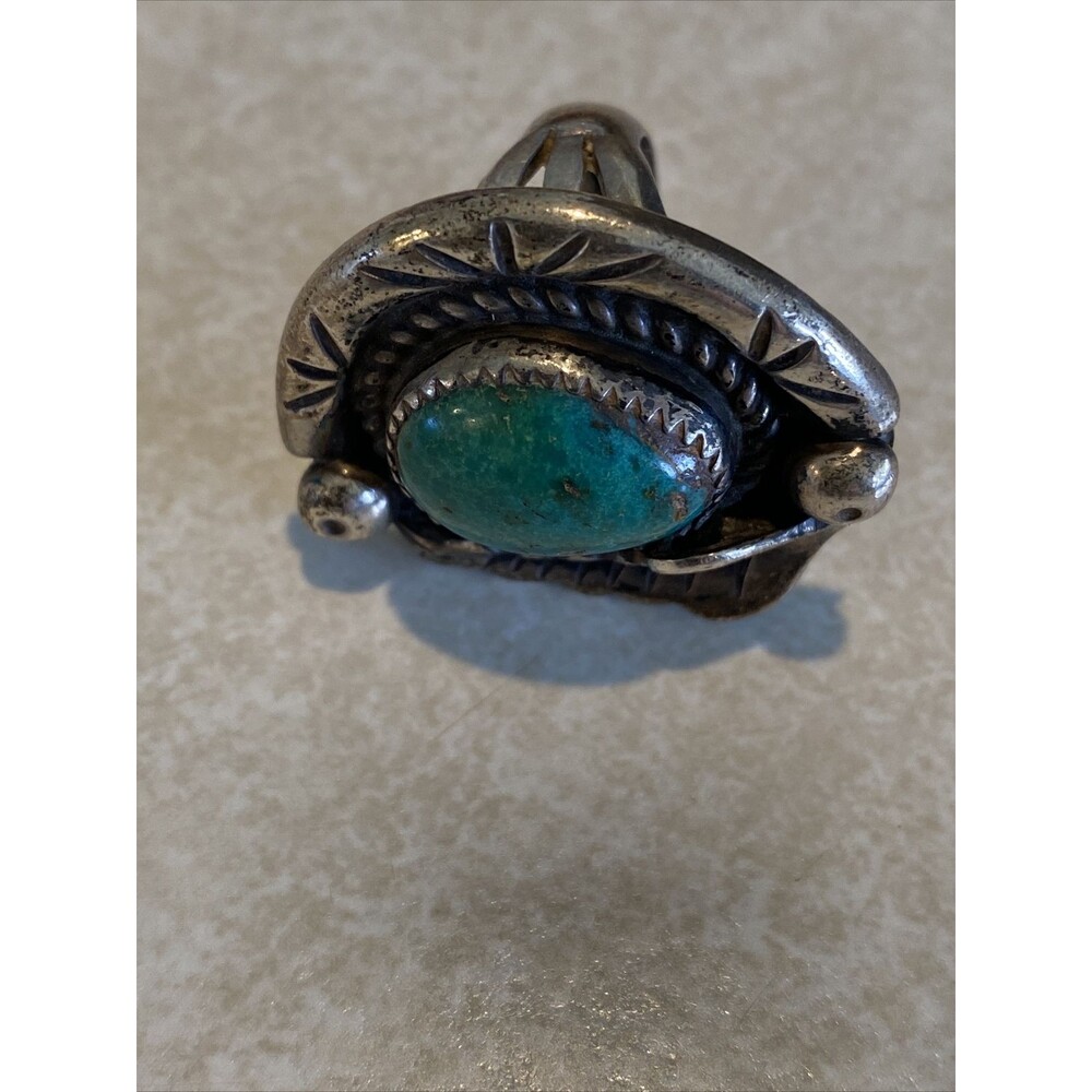 Vintage Navajo Signed Turquoise Sterling Silver Feather Ring Size 5.5 - Picture 11 of 12